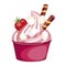 Soft berry ice cream in a Cup. delicious dessert, decorated with whipped cream, strawberry,