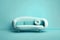 Soft blue sofa on blue background, 3D illustration, AI generated image. Modern minimalistic living room interior detail. Cosiness