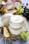 Soft cheeses with grapes, pears and honey