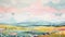 Soft Color Palette: A Mid-century Inspired Painting Of A Field With Mountains And Flowers