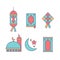 Soft colorful ramadhan icon set with lantern lamp, al quran book, ketupat, mosque, prayer mat, and crescent moon