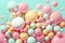 Soft colors balls and bubble gums. Pastel background. Generative AI