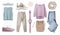 Soft colors women`s clothes set isolated on white. Fashion trendy garment. Winter,autumn apparel collage. Female clothing