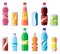 Soft drink cans and bottles. Soda bottled drinks, soft fizzy canned drinks, soda and juice beverages isolated vector