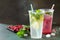 SOFT DRINKS. Refreshing summer drink lemon with mint, ice and raspberry with basil, ice.