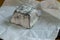 Soft farm cheese made from goat milk with mold and charcoal. Briquette a piece of cheese in white paper close-up