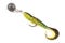 Soft fishing bait, moss green plastic grub, with double hook and lead sinker, isolated on white