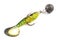 Soft fishing bait, moss green plastic grub, with double hook and lead sinker, isolated on white