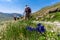 Soft focus of blue gentian flowers with grass and a group of hikers in the background