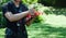 Soft focus close up young man Asian use safety essential equipment for job at high