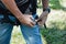 Soft focus close up young man Asian wear the safety harness