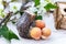 Soft focus of decorative mushrooms with branches and flowers on a wooden table