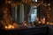 soft focus of fairy lights draped over a fireplace mantel
