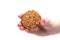 Soft focus. Female hand with a manicure holds oatmeal cookies with cereals over white background