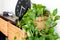 Soft focus of a green leafy indoor vine plant on a wooden shelf