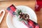 Soft focus overhead table shot of Christmas holiday place setting