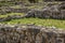 Soft focus stone ruins on grass meadow exterior landscape garden