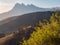 Soft focus. Tower village on the Tsei Loam pass. Sunset of Caucasus mountain in the Ingushetia. Medieval battle complex Pyaling is