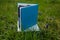 Soft focused shot of two books, albums, notebooks or photobooks with grey and turquoise leather covers among green grass