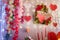 Soft focused shot of Valentine`s day decorative elements, festive romantic wreath and wooden hearts garland
