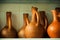 Soft focused wine jugs of terracotta color on the rack