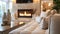 The soft glow of the fire adds a touch of warmth to the cool neutral color palette of the room. 2d flat cartoon