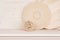 Soft home decor of wooden plate and stems on white wood background.