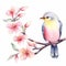 soft-hued bird with blossoms watercolor illustration on white background