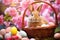 Soft-hued tranquility: a rabbit amongst Easter eggs, enveloped by blooming petals.