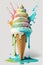 Soft ice cream in wafer style cone. Multi colored sprinkles, illustration. Futuristic design. Swirl shape, splashing. Image is AI