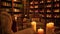 Soft music can be heard in the distance underscoring the quiet and tranquil atmosphere of the candlelit reading nook. 2d