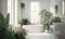 Soft native organic shapes look of bathroom with big window oval bathtub with lights and Green palm plants in selfcare