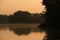 A soft orange sunrise over a calm lake overgrown with water lilies