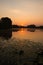 A soft orange sunrise over a calm lake overgrown with water lilies