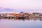 Soft pink halftones of an Arctic village on the shore of the Barents sea. Amazing view of winter Teriberka. Russia