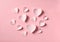 Soft pink paper hearts on light background. Papercut design pastel pink rose color Valentine day love romantic greeting