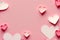 Soft pink paper hearts on light background. Papercut design pastel pink rose color Valentine day love romantic greeting