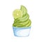 Soft pistachio or mint ice cream in a Cup. Decorated with a slice of lime. Vector illustration on white background.