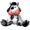 Soft plush toy sitting spotted cow isolated on white background. Vector cartoon close-up illustration.