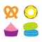Soft pretzel, donut, cupcake, macaron or macaroon icon. Sweet bakery pastry set. Cute cartoon collection. Fast food snack. Isolate
