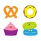 Soft pretzel, donut, cupcake, macaron or macaroon icon. Sweet bakery pastry set with face. Cute cartoon smiling character collecti