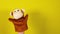 Soft puppet toy on hand on yellow background. Concept of puppet show. Close-up of hand with puppet monkey.