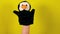 Soft puppet toy on yellow background. Concept of puppet show. Close-up of puppet penguin.