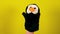 Soft puppet toy on yellow background. Concept of puppet show. Close-up of puppet penguin.