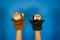 Soft puppet toys on hands on blue background. Concept of puppet show. Close-up of hands with puppet monkey and penguin.