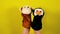 Soft puppet toys on hands on yellow background. Concept of puppet show. Close-up of hands with puppet monkey and penguin