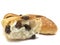 Soft raisin bread on white background.