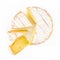 A soft ripened Camembert cheese isolated on white background. Top view.