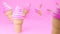 Soft serve ice cream of strawberry and milk flavours on crispy cone on pink background.,3d model and illustration