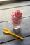 Soft serve on wooden table.